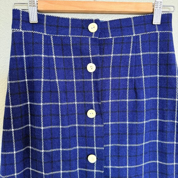 Vintage Handmade Preppy Nautical Wool Navy Blue Plaid Maxi Skirt Size S - Picture 4 of 13